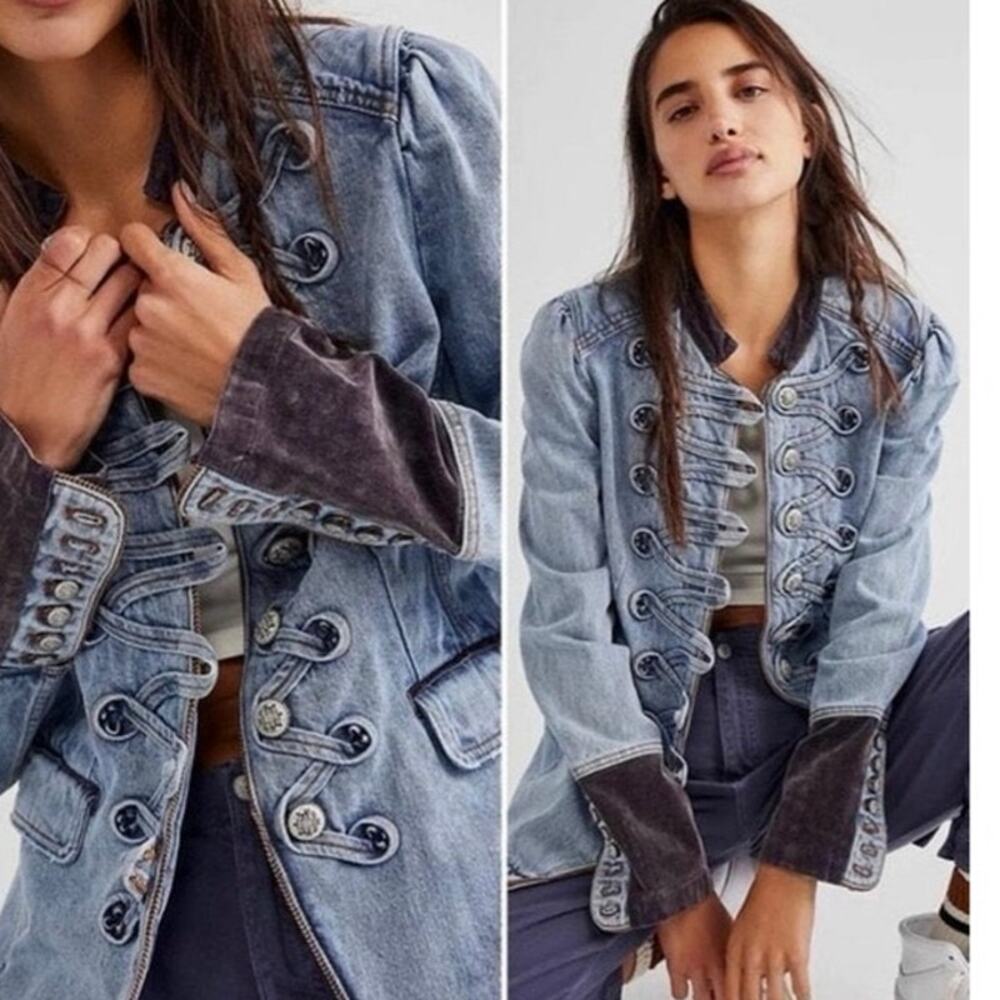 Free People Denim Seamed and Structured Band Jacket Military Boho Small